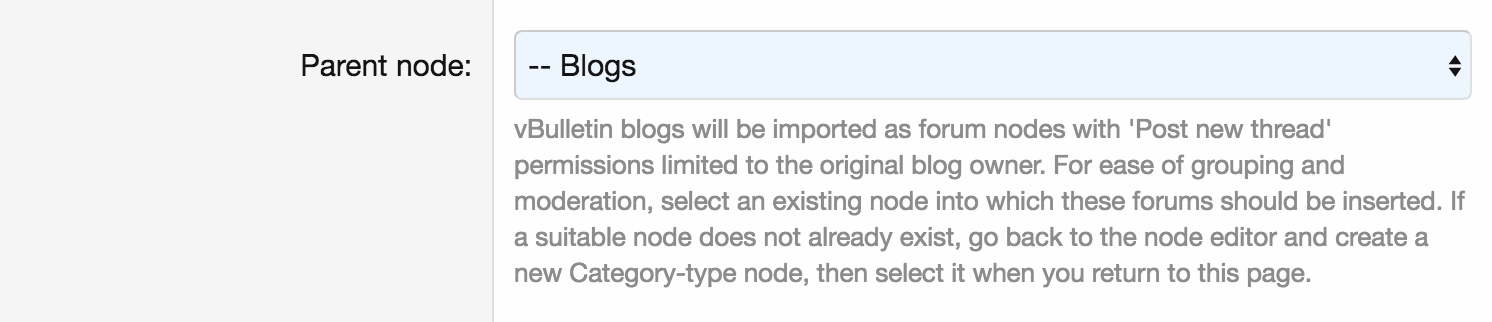 Selecting a parent node into which to import vBulletin blogs