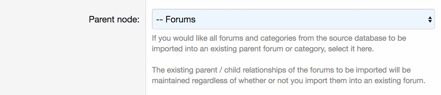 Selecting a parent node into which to import the vBulletin forums structure